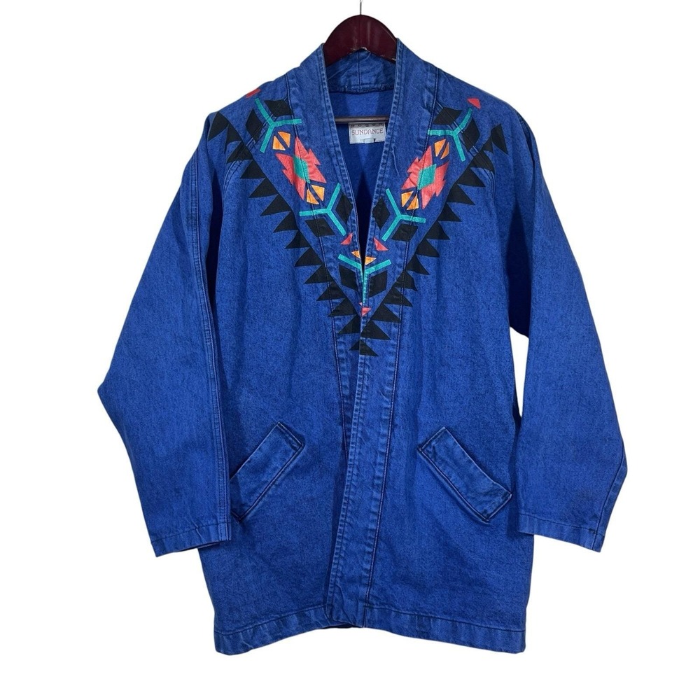 Vintage Sundance Denim Jacket Womens L Open Front Mid-length Southwest US Made